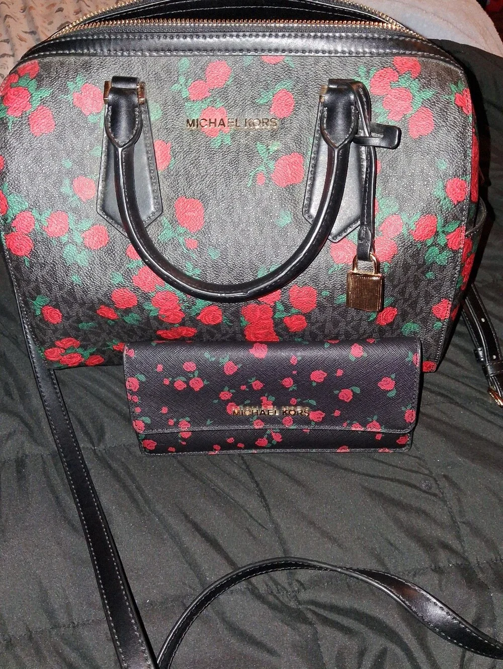 Michael Kors Hayes Rose-Print Satchel & Matching Wallet Set